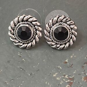 Vtg LANDAU silver & black onyx stud earrings pierced Yurman vibes